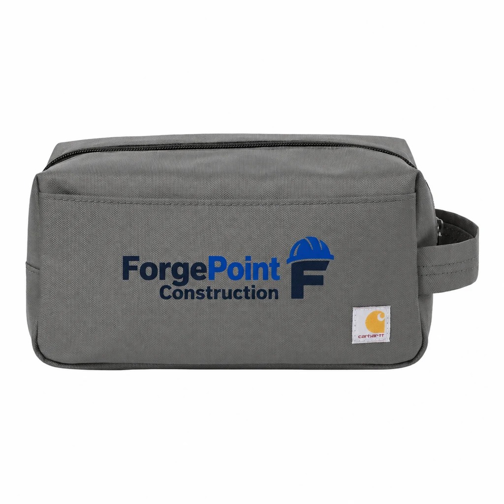 Custom Carhartt 3L Travel Kit (CTB0000608) in Grey, flat-lay view with a custom printed logo.