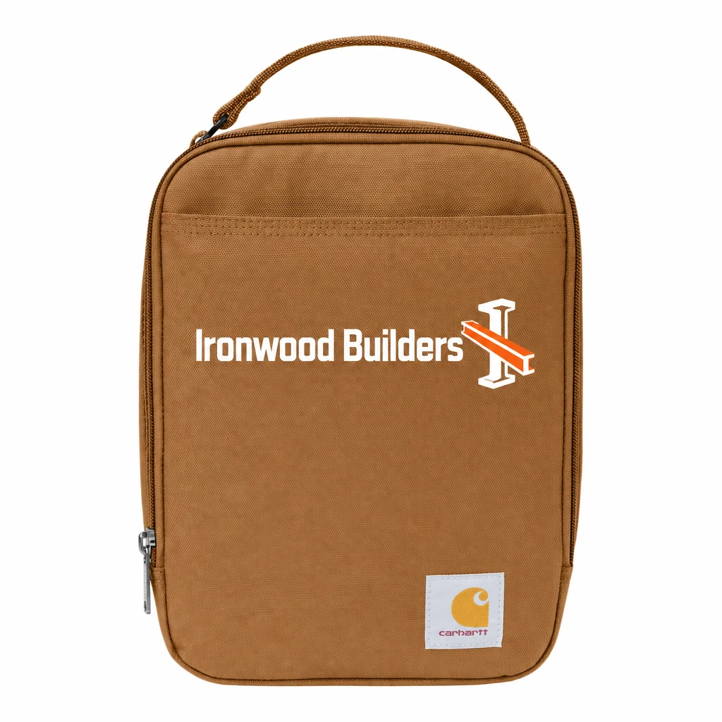 Custom Carhartt Insulated Lunch Cooler (CTB0000609) in Carhartt Brown, flat-lay view with a custom printed logo.