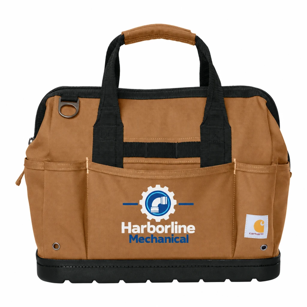 Custom Carhartt 16-Inch Molded Base Heavyweight Tool Bag (CTB0000687) in Carhartt Brown, flat-lay view with a custom printed logo.