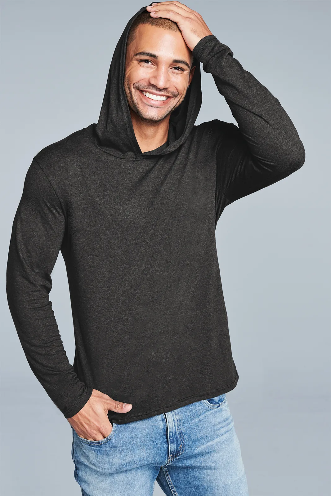 District Perfect Tri Long Sleeve Hoodie — Style DM139 in Black Frost — manufacturer lifestyle photo
