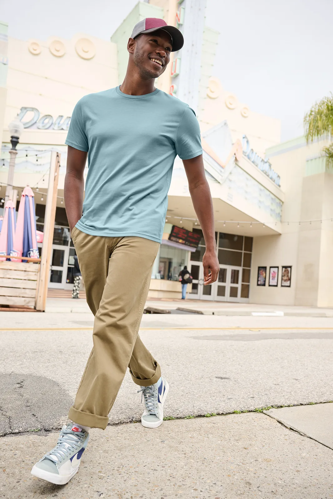 District Perfect Weight Icon Tee — Style DT106 in Blue Fog — manufacturer lifestyle photo