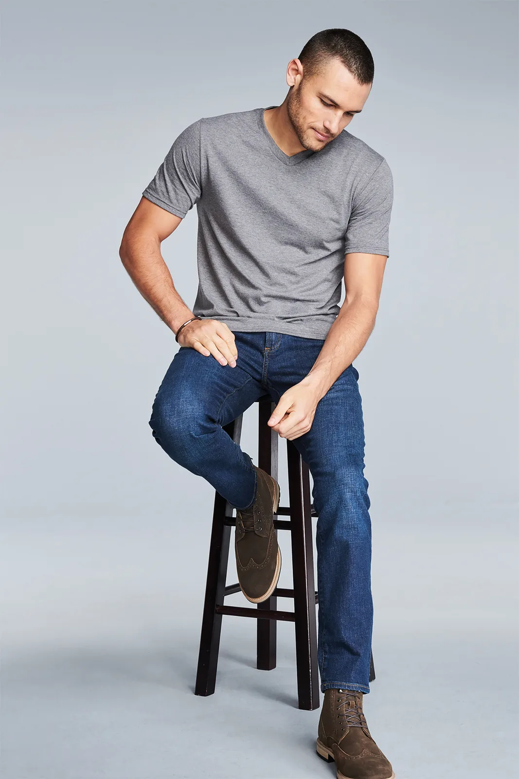 District Perfect Tri V-Neck Tee — Style DT1350 in Grey Frost — manufacturer lifestyle photo