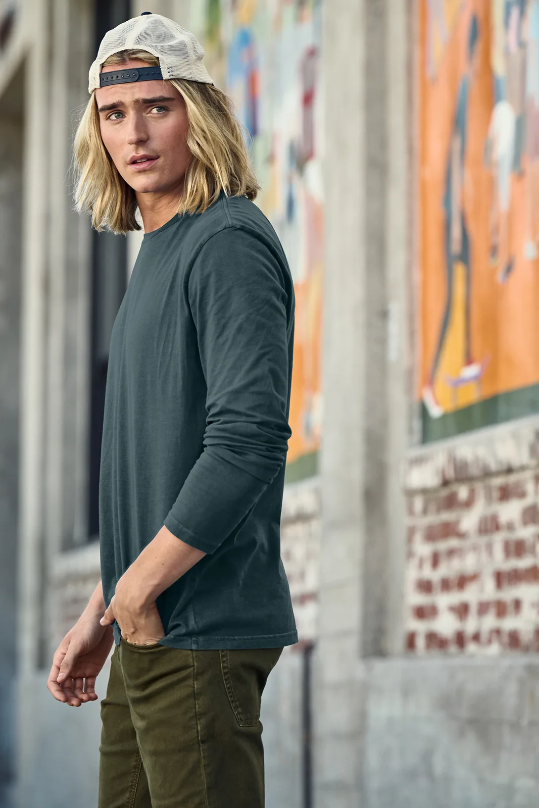 District Wash Long Sleeve Tee — Style DT2103 in Deep Steel Blue — manufacturer lifestyle photo