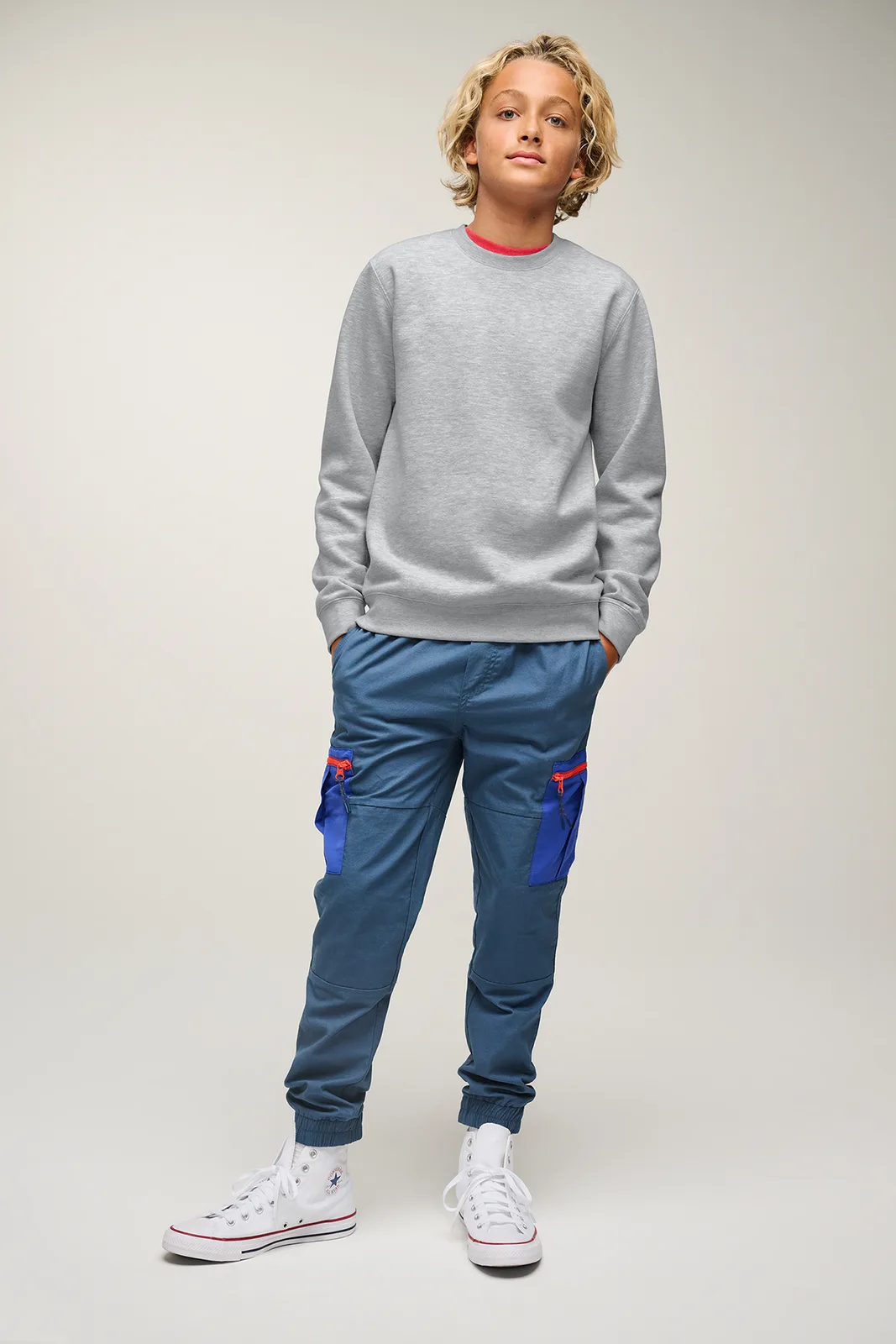 District Youth V.I.T. Fleece Crew — Style DT6104Y in Light Heather Grey — manufacturer lifestyle photo