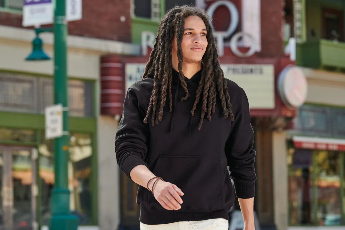 District V.I.T. Super Heavyweight Fleece Hoodie — Style DT6600 in Black — manufacturer lifestyle photo