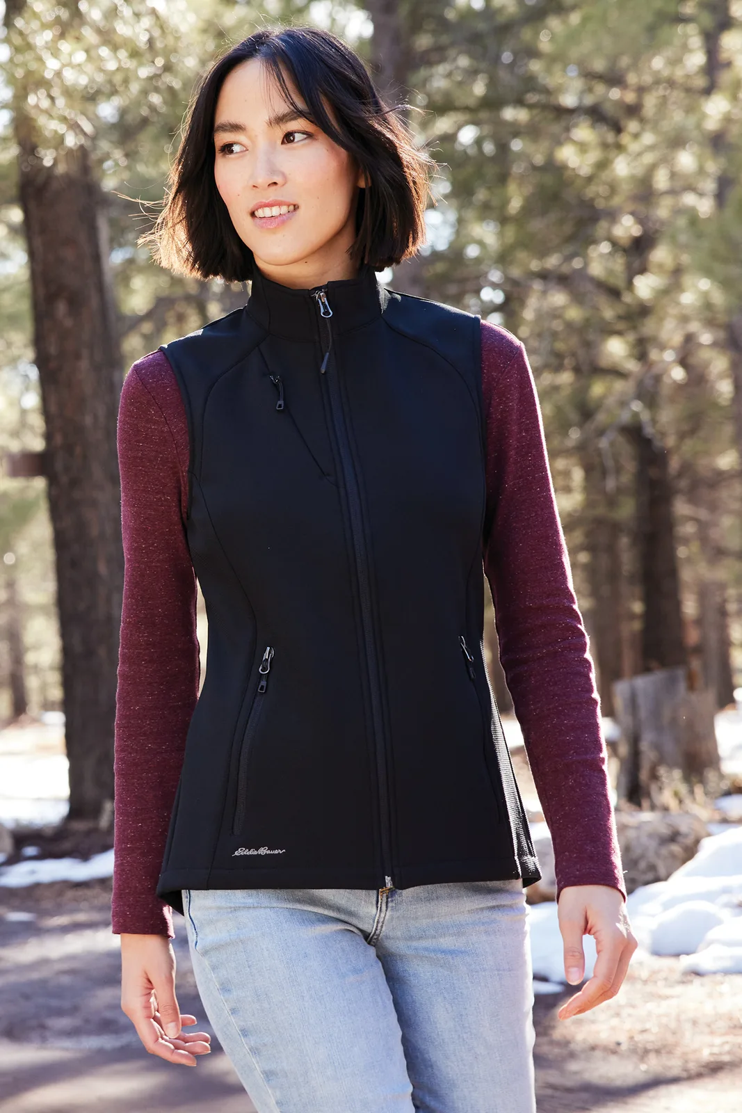 Eddie Bauer Women's Stretch Soft Shell Vest — Style EB547 in Deep Black — manufacturer lifestyle photo