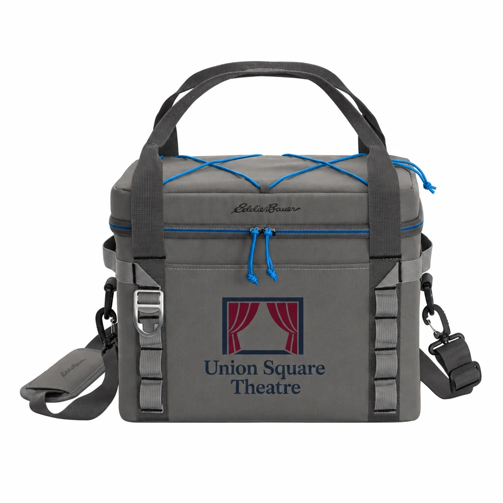 Custom Eddie Bauer Max Cool 24-Can Cooler (EB800) in Metal Grey/ Expedition Blue, flat-lay view with a custom printed logo.
