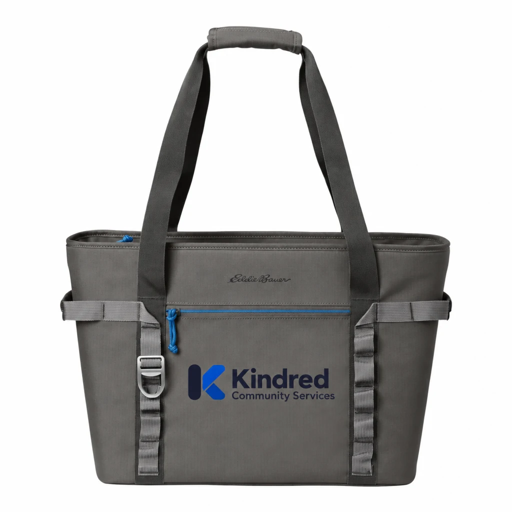 Custom Eddie Bauer Max Cool Tote Cooler (EB801) in Metal Grey/ Expedition Blue, flat-lay view with a custom printed logo.