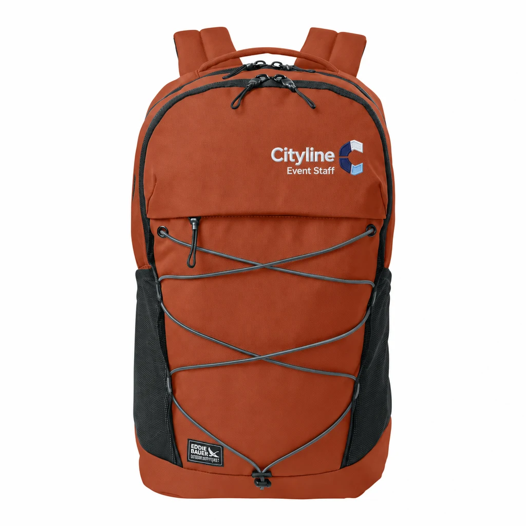 Custom Eddie Bauer Adventurer Backpack (EB912) in Amber Orange, flat-lay view with a custom embroidered logo.