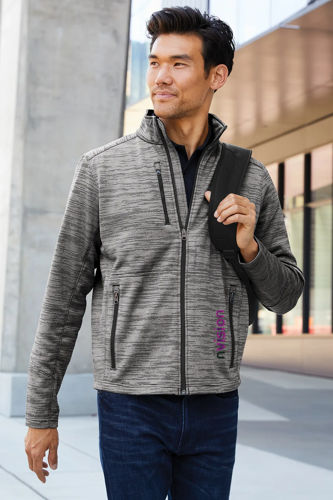 Port Authority Digi Stripe Fleece Jacket — Style F231 in Grey — manufacturer lifestyle photo