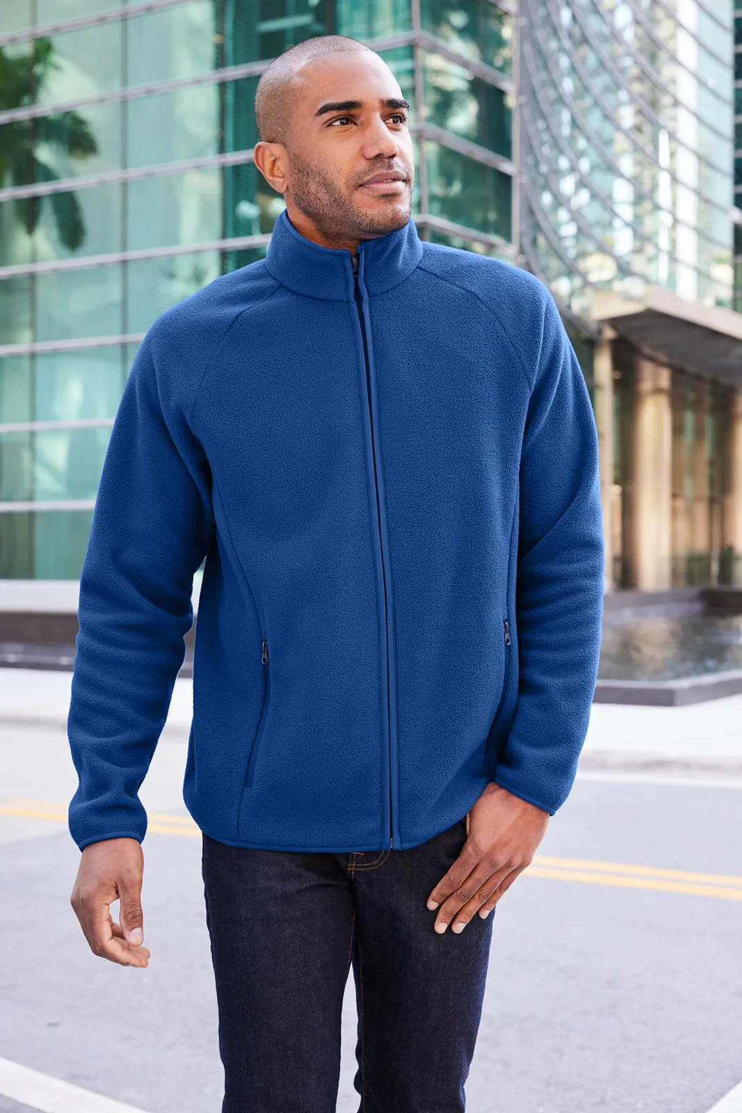 Port Authority C-FREE Raglan Fleece — Style F700 in True Royal — manufacturer lifestyle photo