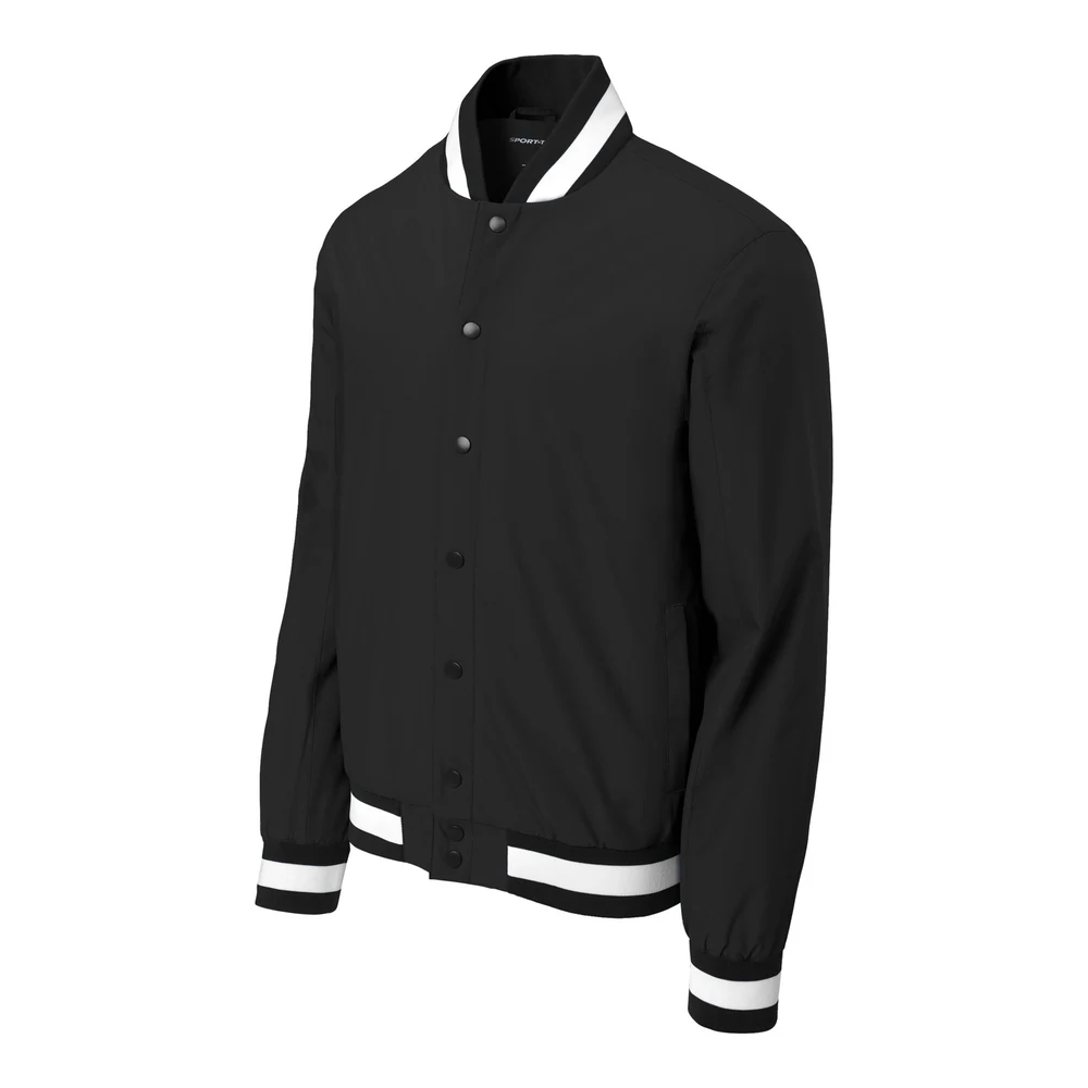 Black Sport-Tek Insulated Varsity Jacket style JST58, front view