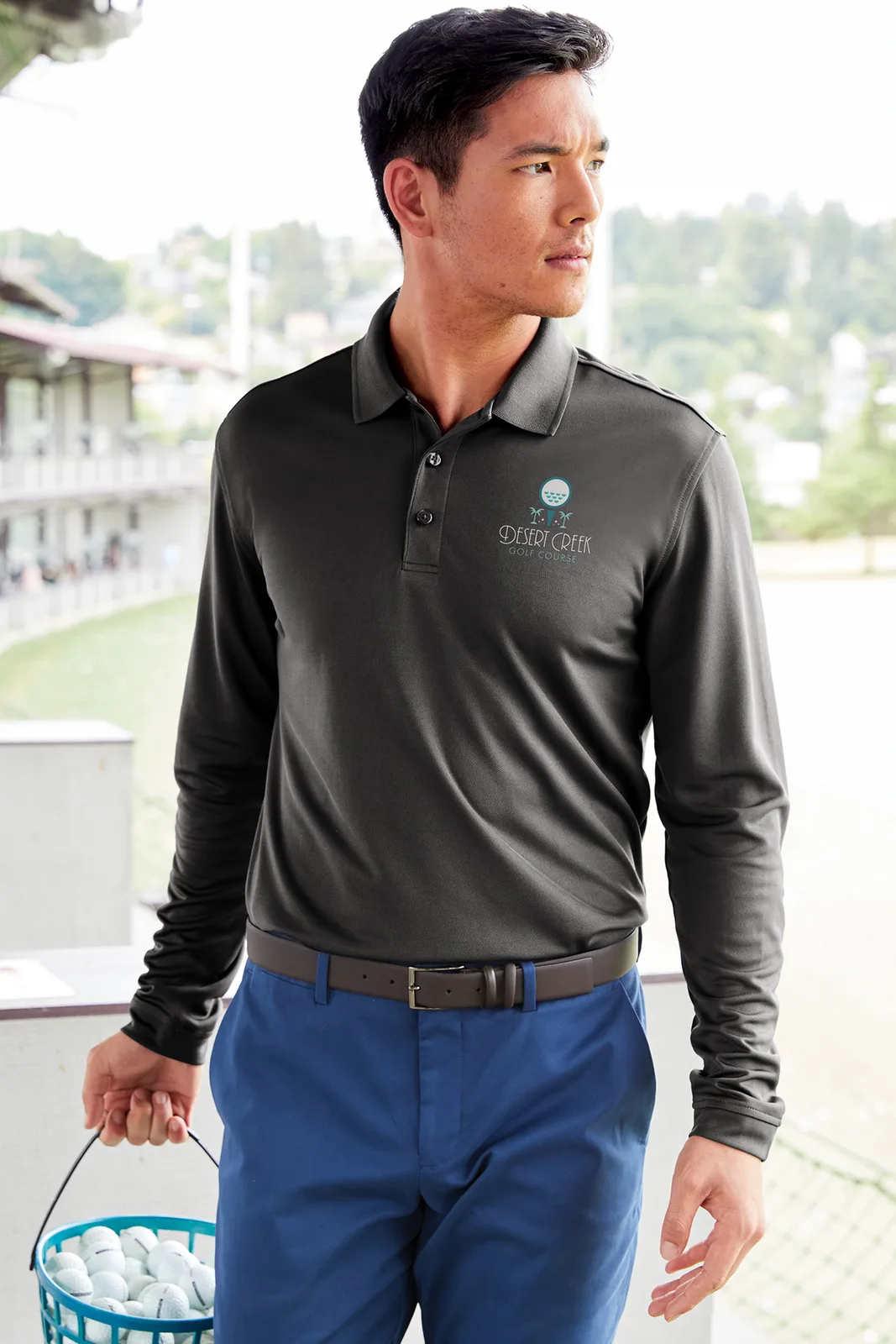 Port Authority Dry Zone UV Micro-Mesh Long Sleeve Polo — Style K110LS in Graphite — manufacturer lifestyle photo