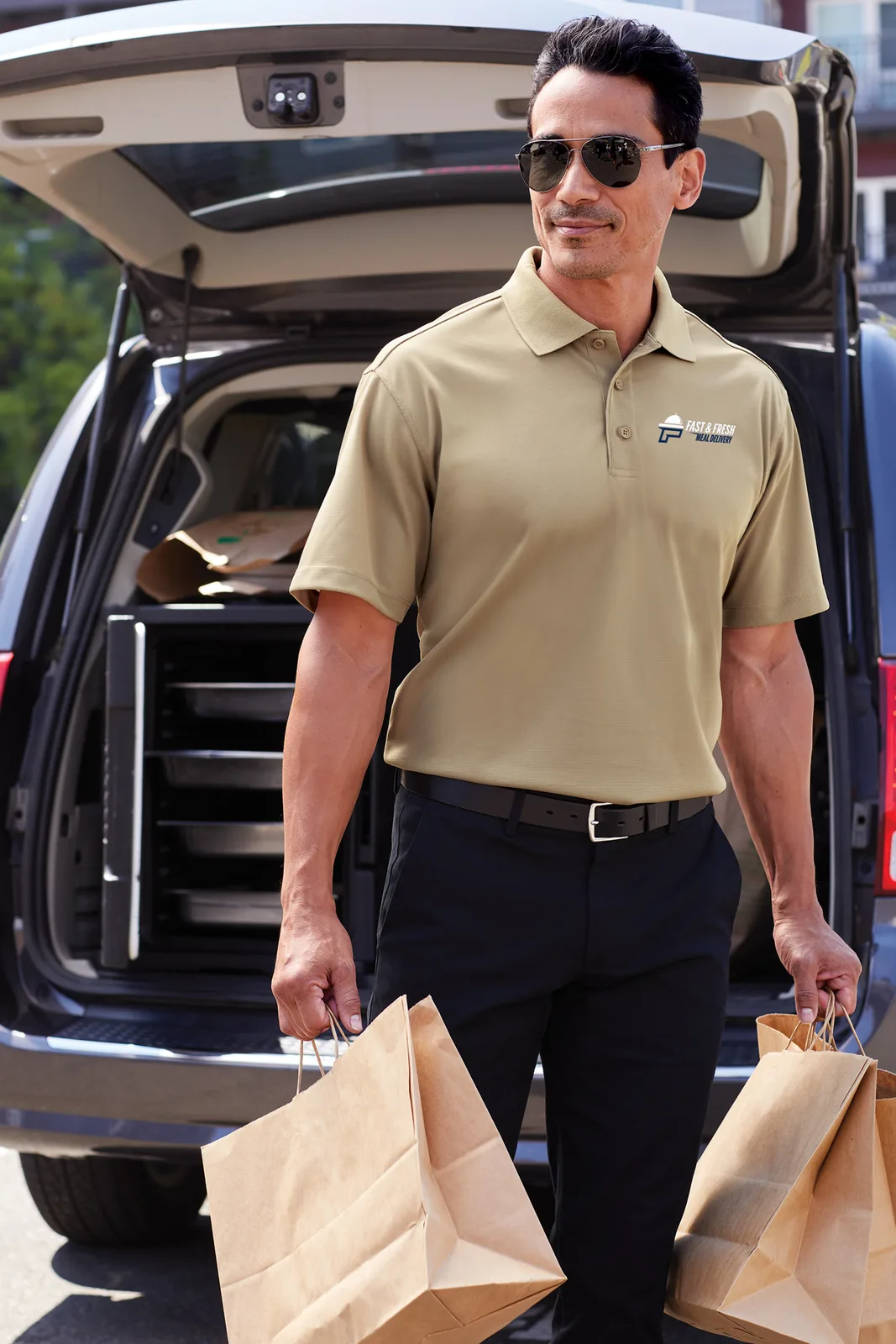 Port Authority Dry Zone Grid Polo — Style K572 in Tan — manufacturer lifestyle photo