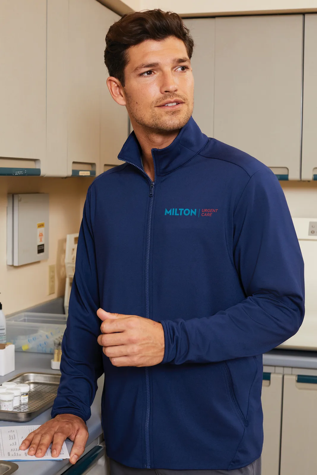 Port Authority Accord Stretch Fleece Full-Zip — Style K595 in Navy — manufacturer lifestyle photo