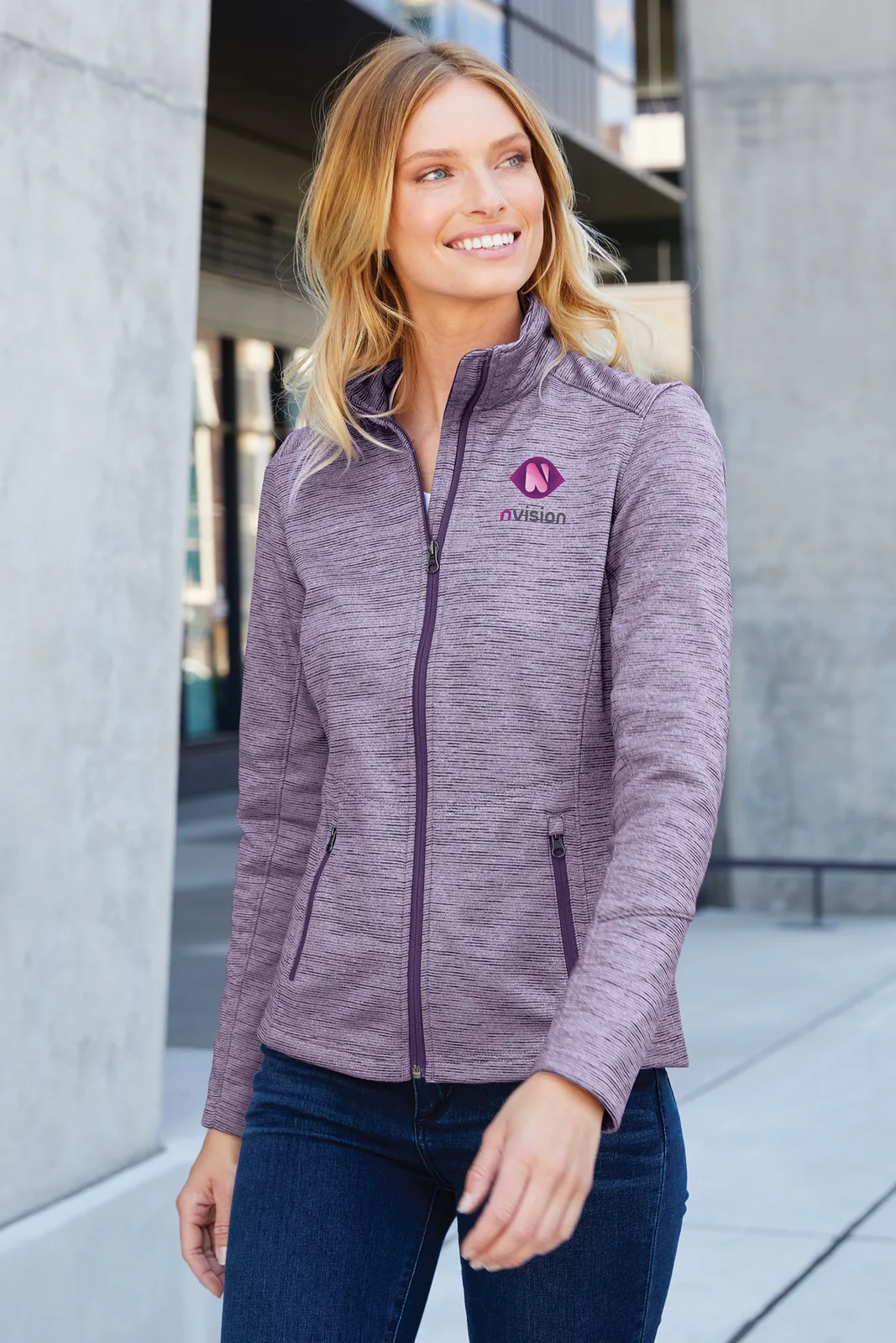 Port Authority Women's Digi Stripe Fleece Jacket — Style L231 in Purple — manufacturer lifestyle photo