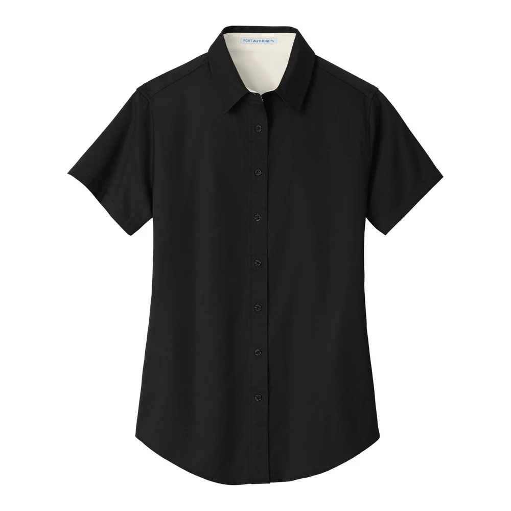 Black/ Light Stone Port Authority Women's Short Sleeve Easy Care Shirt style L508, front view