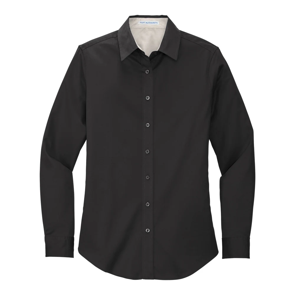 Black/ Light Stone Port Authority Women's Long Sleeve Easy Care Shirt style L608, front view