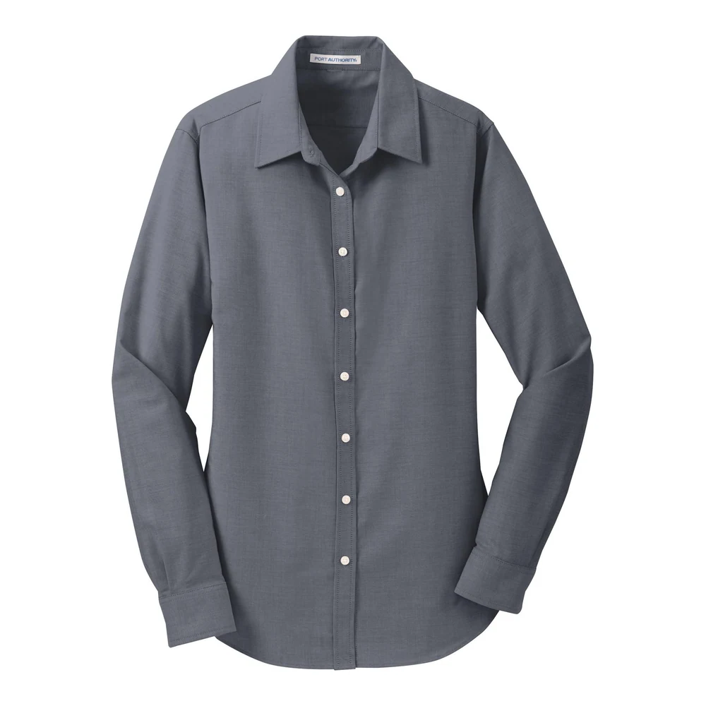 Black Port Authority Women's SuperPro Oxford Shirt style L658, front view