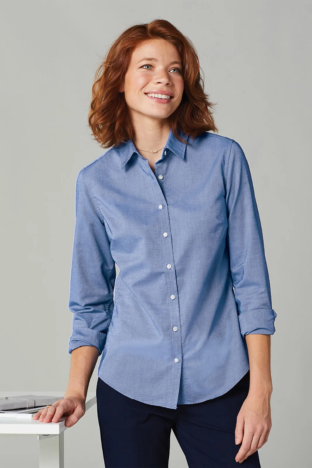 Port Authority Women's SuperPro Oxford Shirt — Style L658 in Navy — manufacturer lifestyle photo