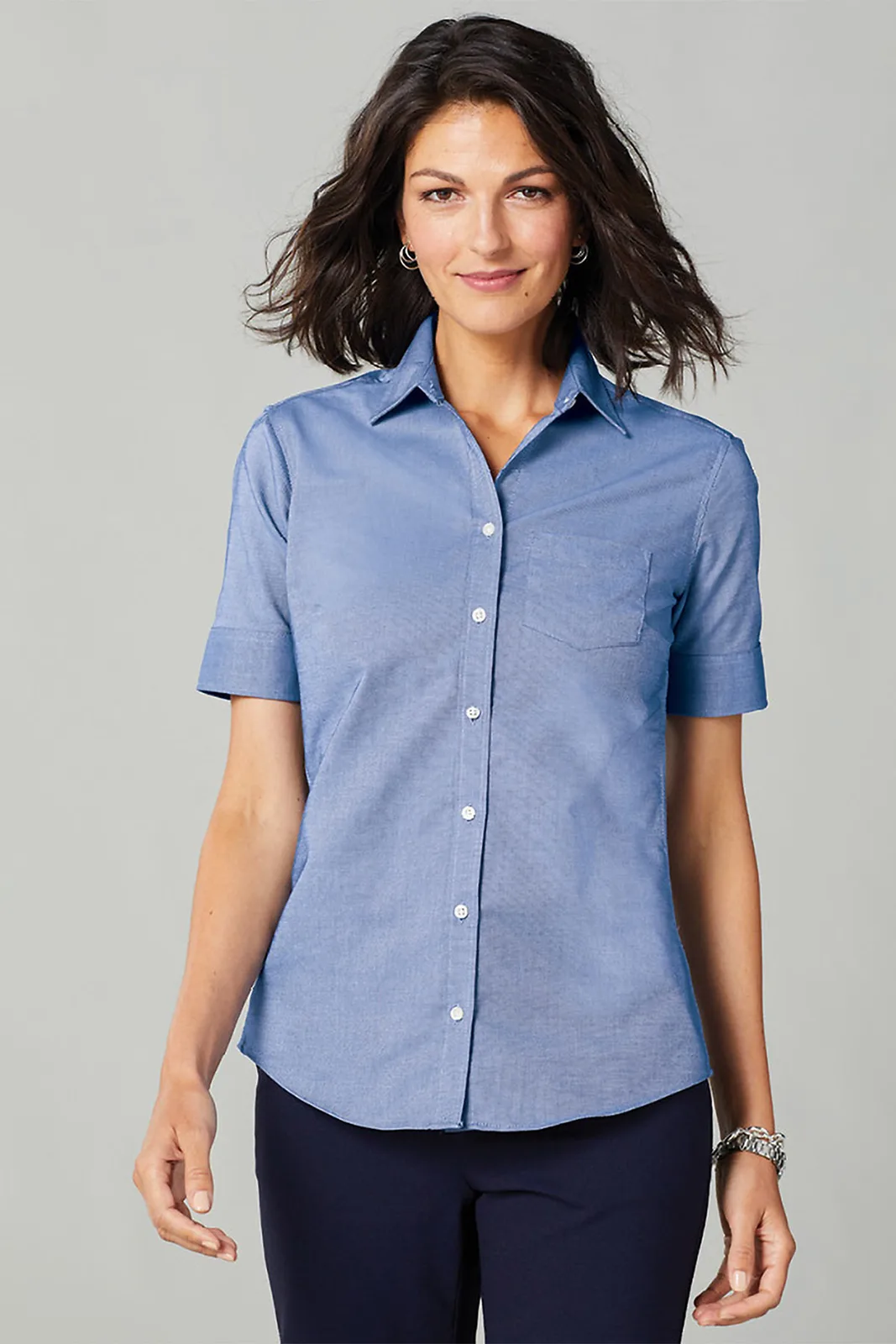 Port Authority Women's Short Sleeve SuperPro Oxford Shirt — Style L659 in Navy — manufacturer lifestyle photo