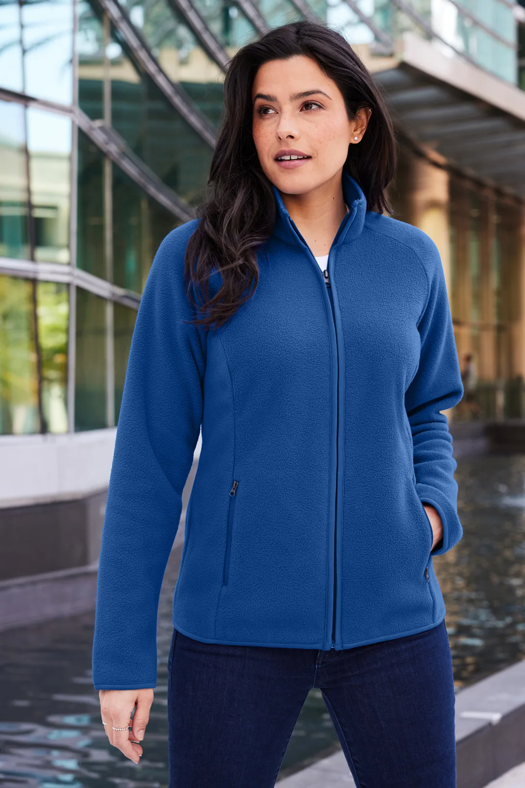 Port Authority Women's C-FREE Raglan Fleece — Style L700 in True Royal — manufacturer lifestyle photo