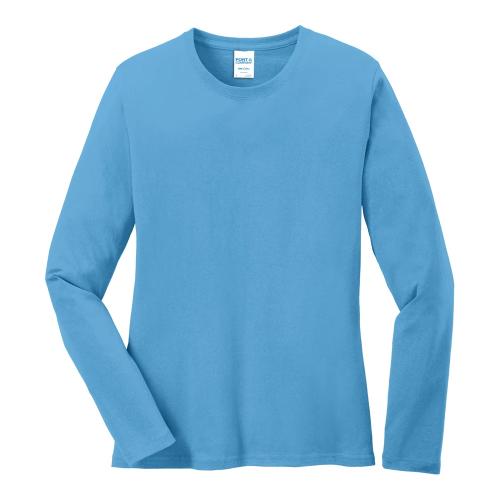 Aquatic Blue Port & Co Women's Long Sleeve Core Cotton Tee style LPC54LS, front view