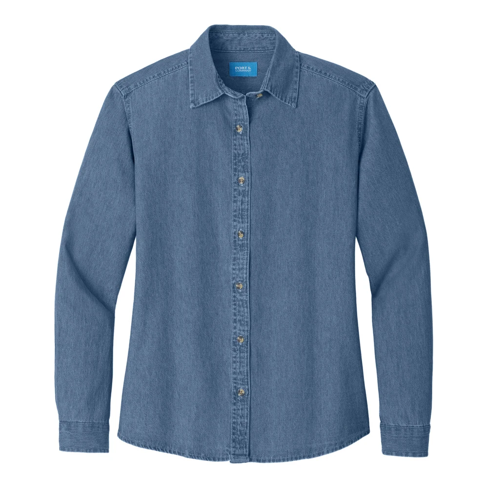 Faded Blue Port & Co Women's Long Sleeve Value Denim Shirt style LSP10, front view