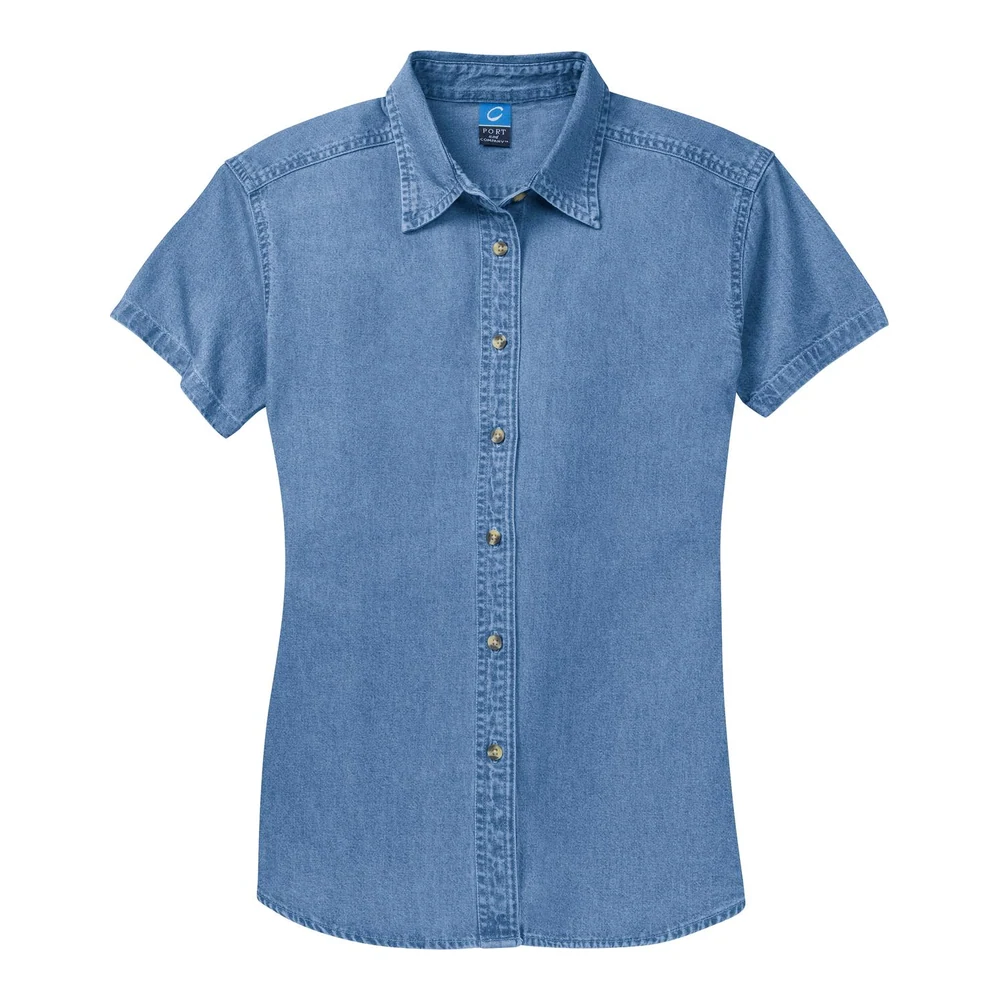 Faded Blue Port & Co Women's Short Sleeve Value Denim Shirt style LSP11, front view