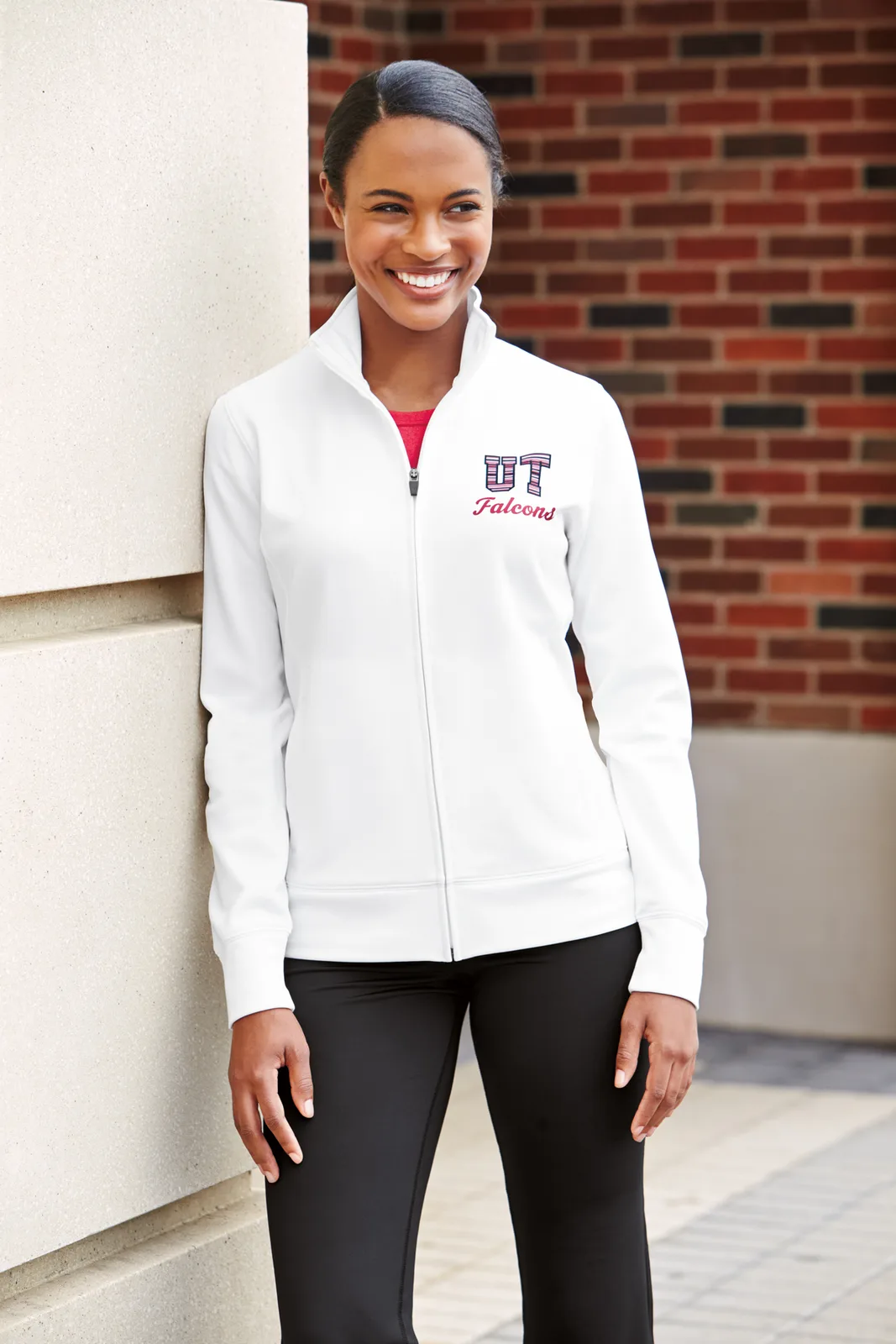 Sport-Tek Women's Sport-Wick Fleece Full-Zip Jacket — Style LST241 in White — manufacturer lifestyle photo