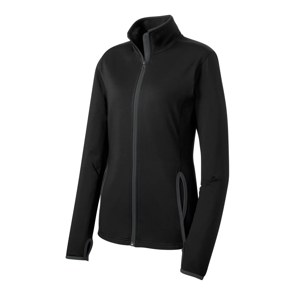 Black/ Charcoal Grey Sport-Tek Women's Sport-Wick Stretch Contrast Full-Zip Jacket style LST853, front view