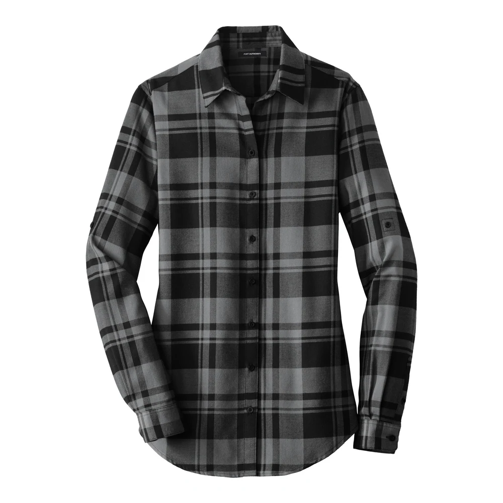 Grey/ Black Port Authority Women's Plaid Flannel Tunic style LW668, front view