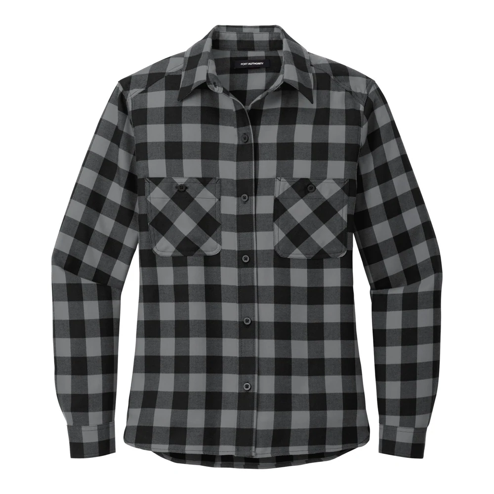 Grey/ Black Buffalo Check Port Authority Women's Plaid Flannel Shirt style LW669, front view