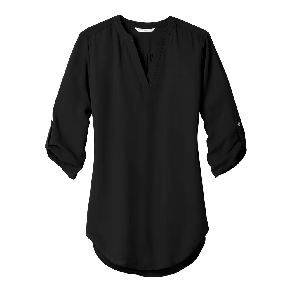 Black Port Authority Women's 3/4-Sleeve Tunic Blouse style LW701, front view