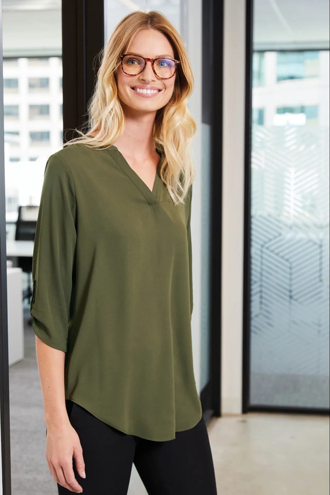 Port Authority Women's 3/4-Sleeve Tunic Blouse — Style LW701 in Deep Olive — manufacturer lifestyle photo