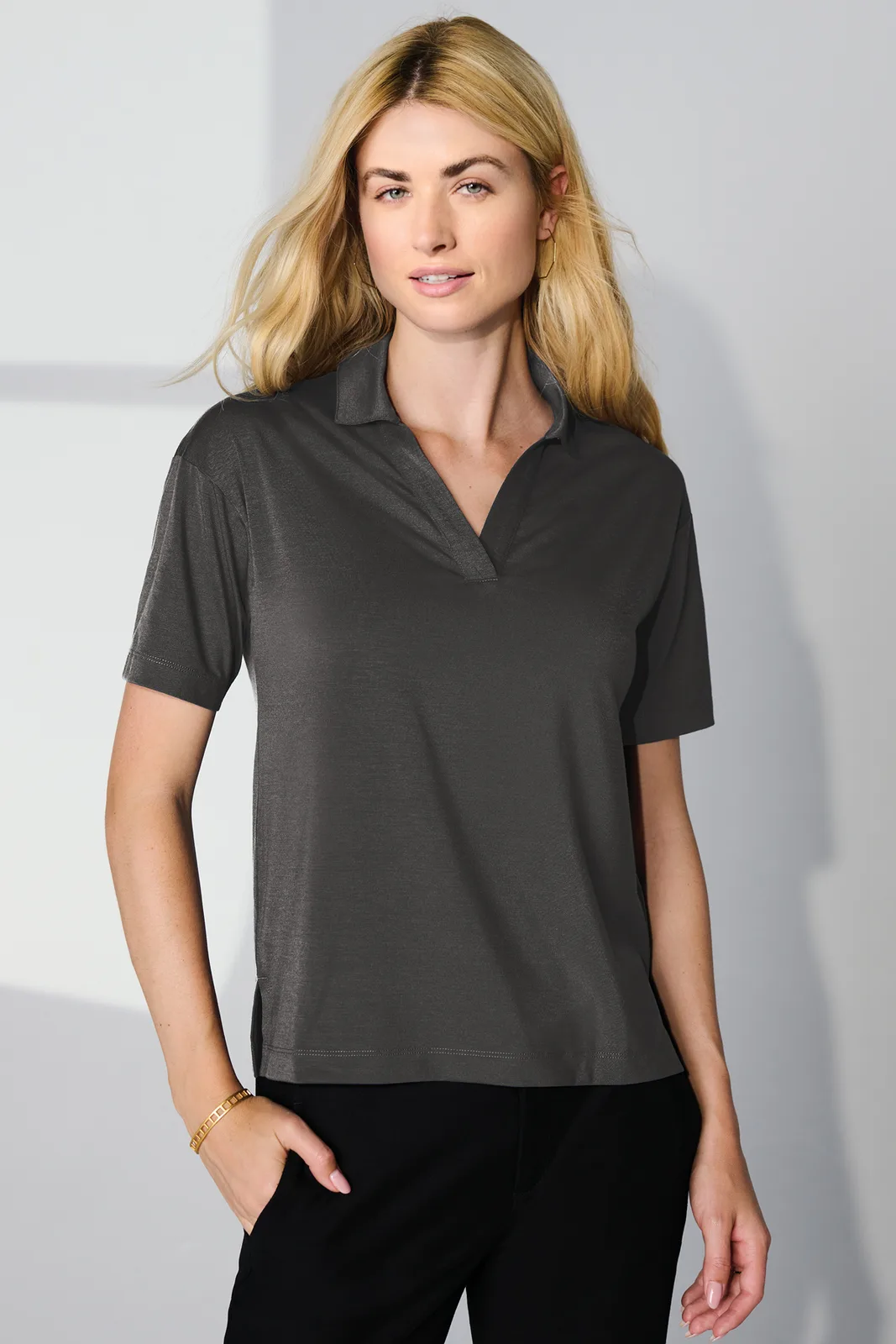 Mercer+Mettle Women's Stretch Jersey Polo — Style MM1015 in Anchor Grey — manufacturer lifestyle photo