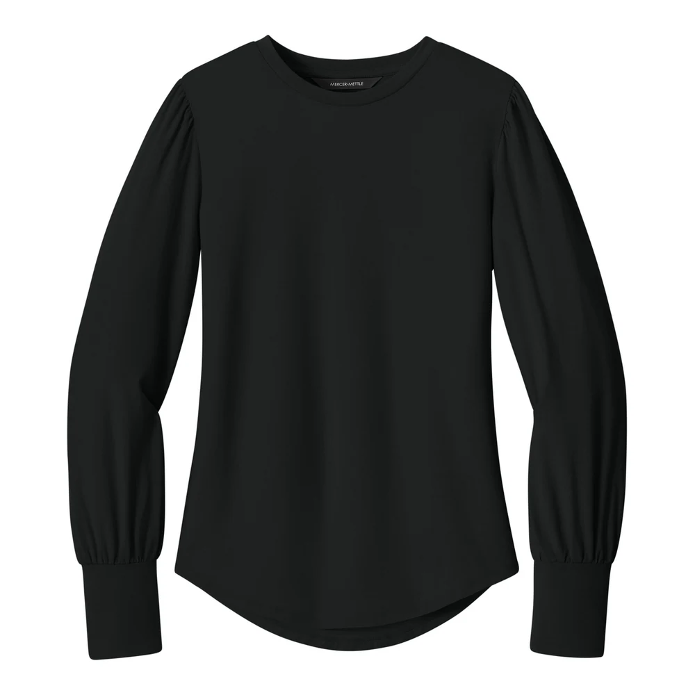 Deep Black Mercer+Mettle Women's Stretch Jersey Long Sleeve Blouson Top style MM1019, front view