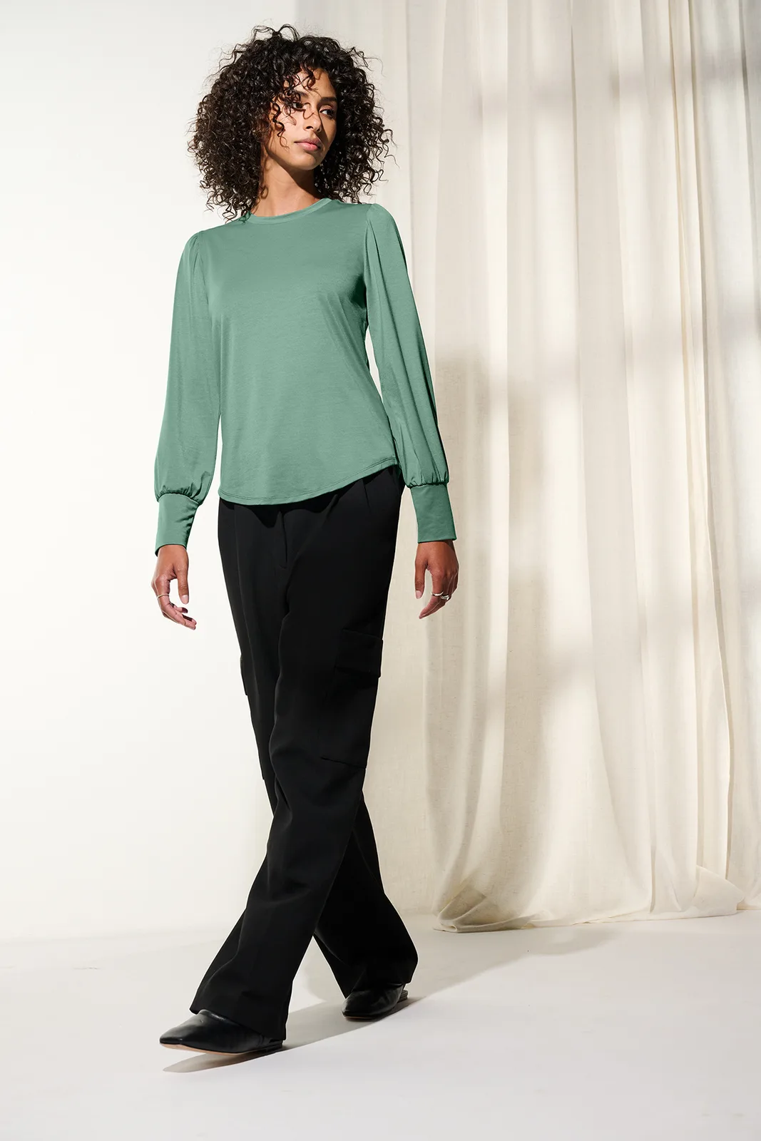 Mercer+Mettle Women's Stretch Jersey Long Sleeve Blouson Top — Style MM1019 in Sage — manufacturer lifestyle photo