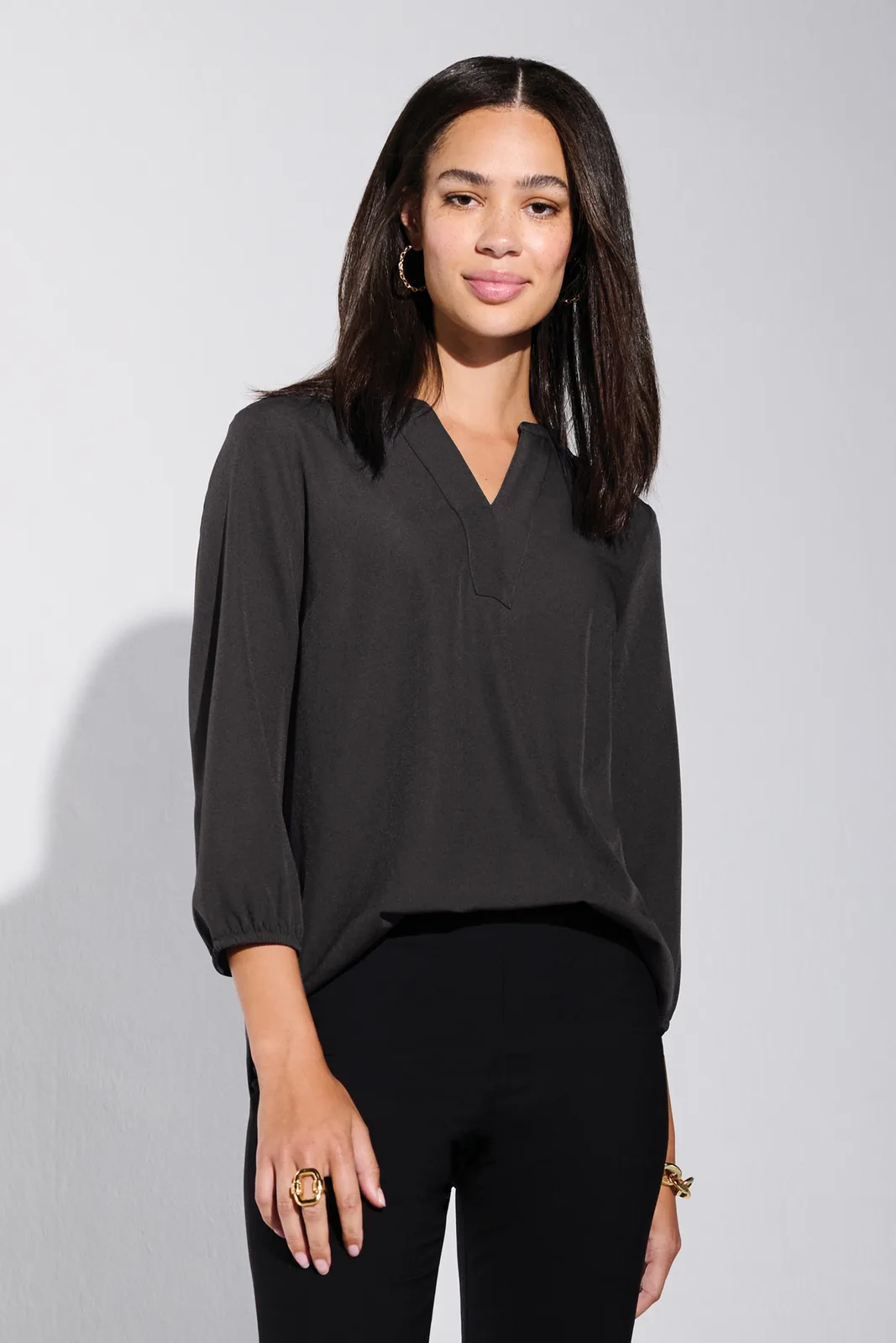 Mercer+Mettle Women's Stretch Crepe 3/4-Sleeve Blouse — Style MM2011 in Anchor Grey — manufacturer lifestyle photo