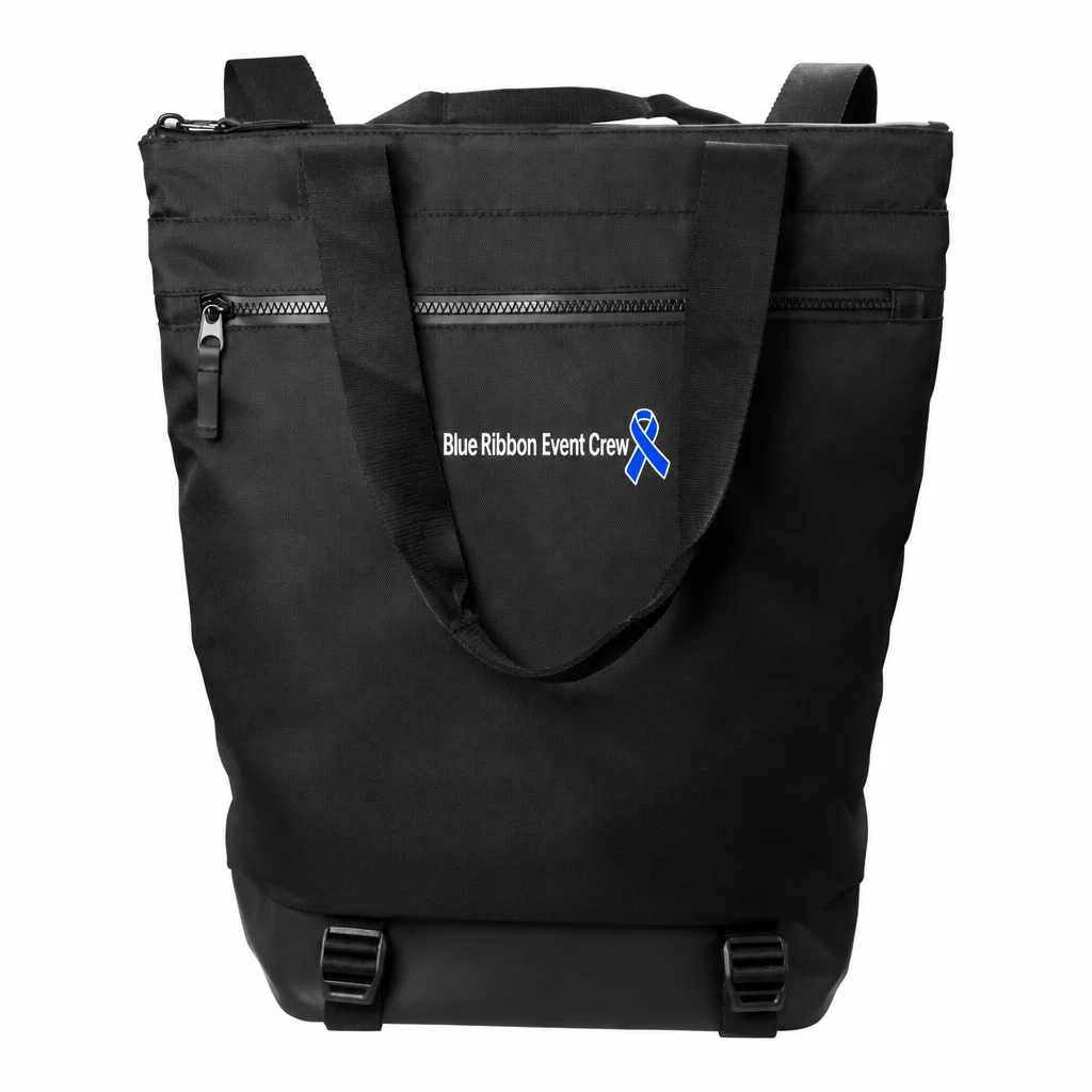 Custom Mercer+Mettle Convertible Tote (MMB202) in Deep Black, flat-lay view with a custom printed logo.