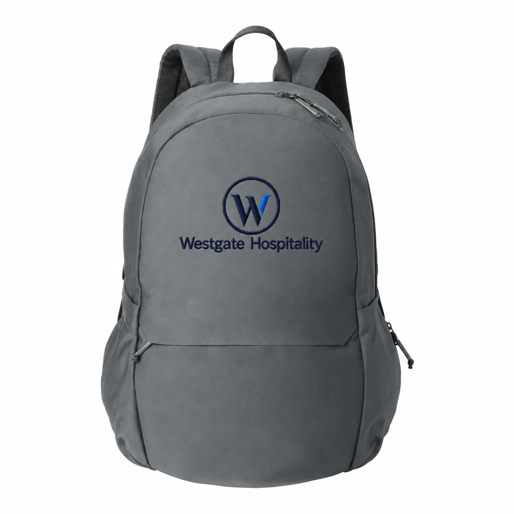 Custom Mercer+Mettle Claremont Backpack (MMB210) in Storm Grey, flat-lay view with a custom embroidered logo.