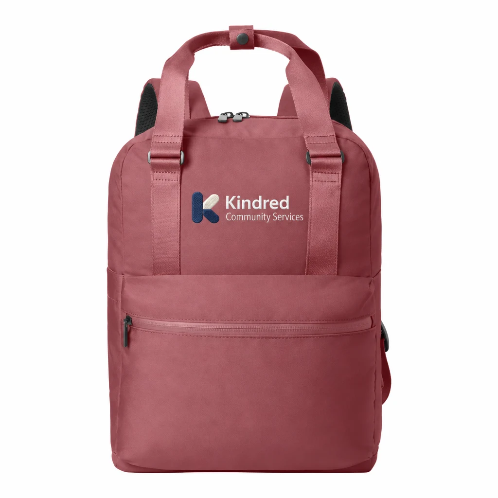 Custom Mercer+Mettle Claremont Handled Backpack (MMB211) in Rosewood, flat-lay view with a custom embroidered logo.