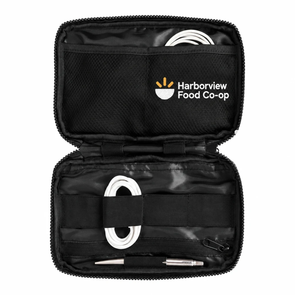 Custom Mercer+Mettle Utility Case (MMB700) in Deep Black, flat-lay view with a custom printed logo.