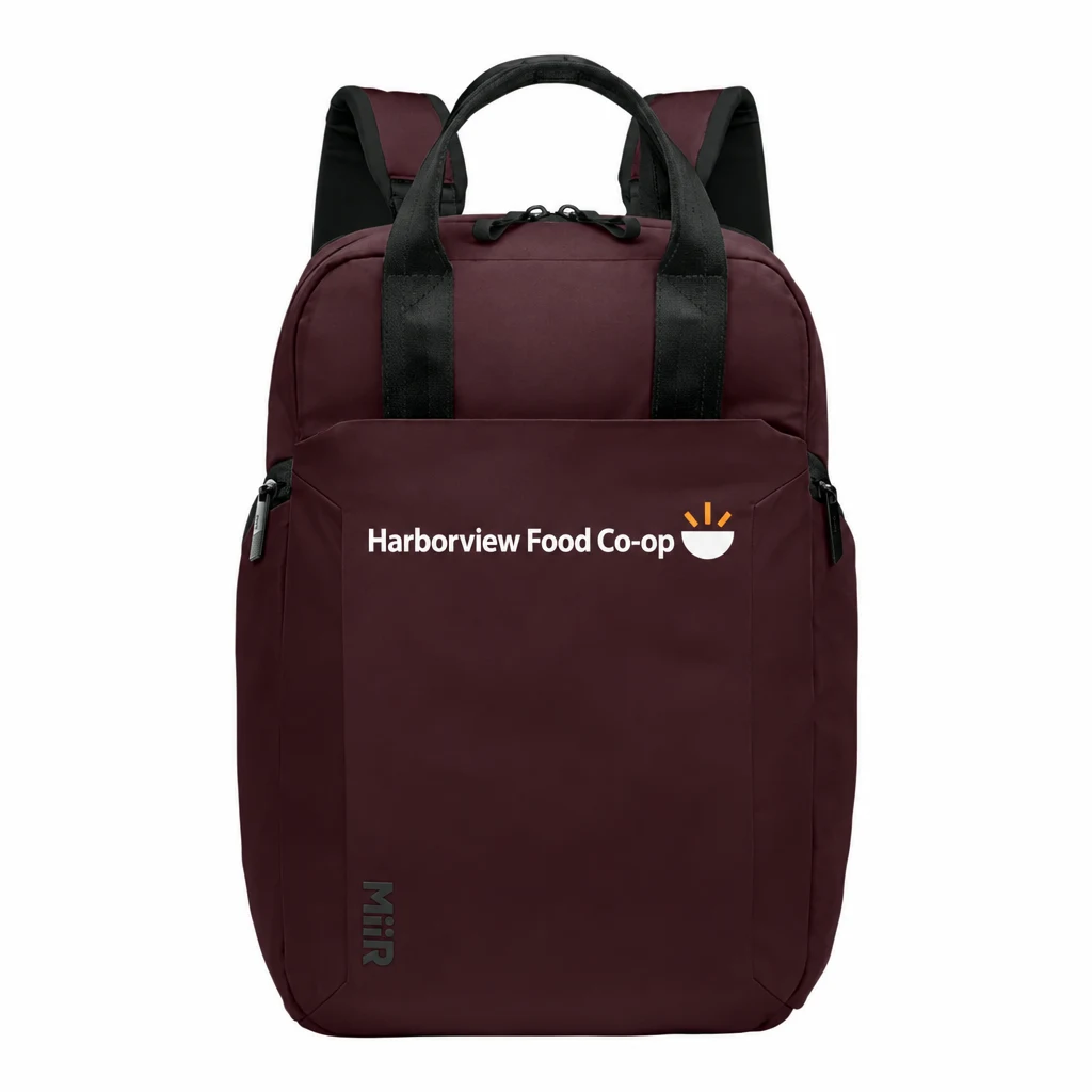 Custom MiiR Kondoh Double-Handle Pack (MRB1000) in Dark Fig, flat-lay view with a custom printed logo.