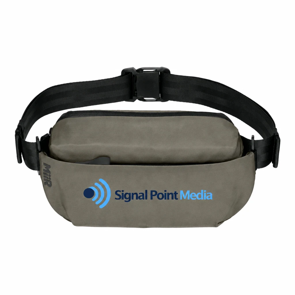 Custom MiiR Causeway Crossbody (MRB1060) in Truffle, flat-lay view with a custom printed logo.