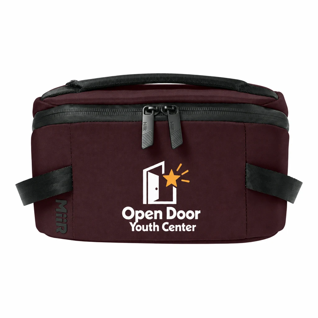 Custom MiiR Causeway Tech Organizer (MRB1070) in Dark Fig, flat-lay view with a custom printed logo.