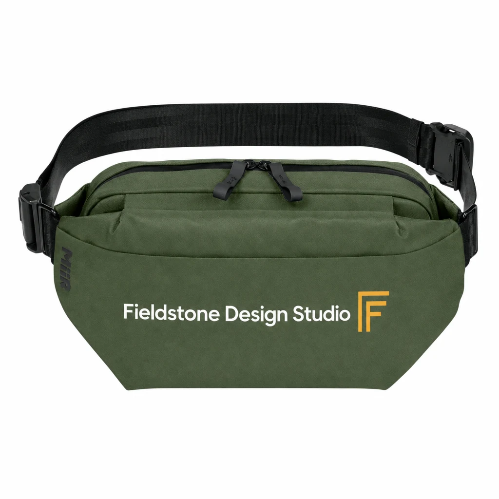 Custom MiiR Vessel Crossbody (MRB1072) in Forest Moss, flat-lay view with a custom printed logo.