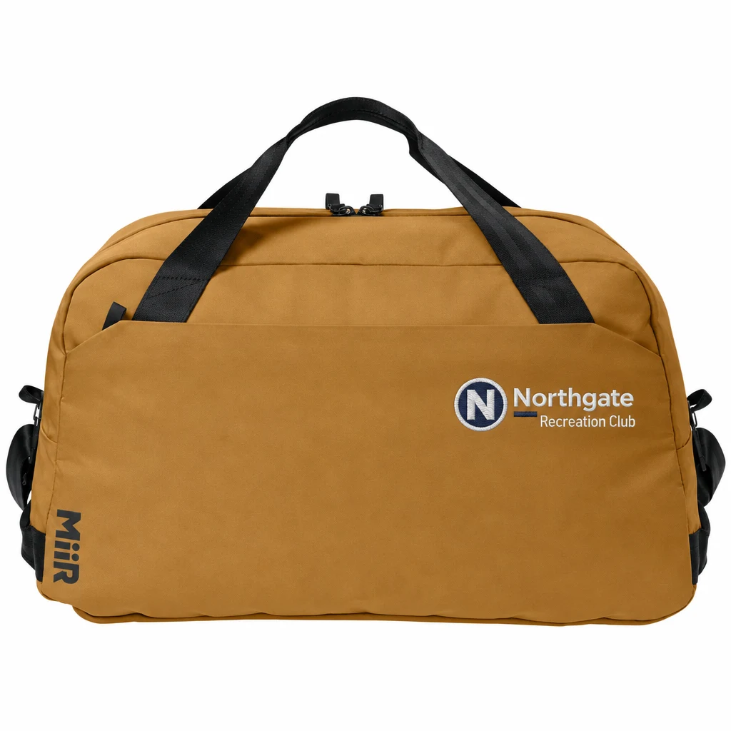Custom MiiR Kondoh Duffel (MRB1081) in Amber Haze, flat-lay view with a custom embroidered logo.