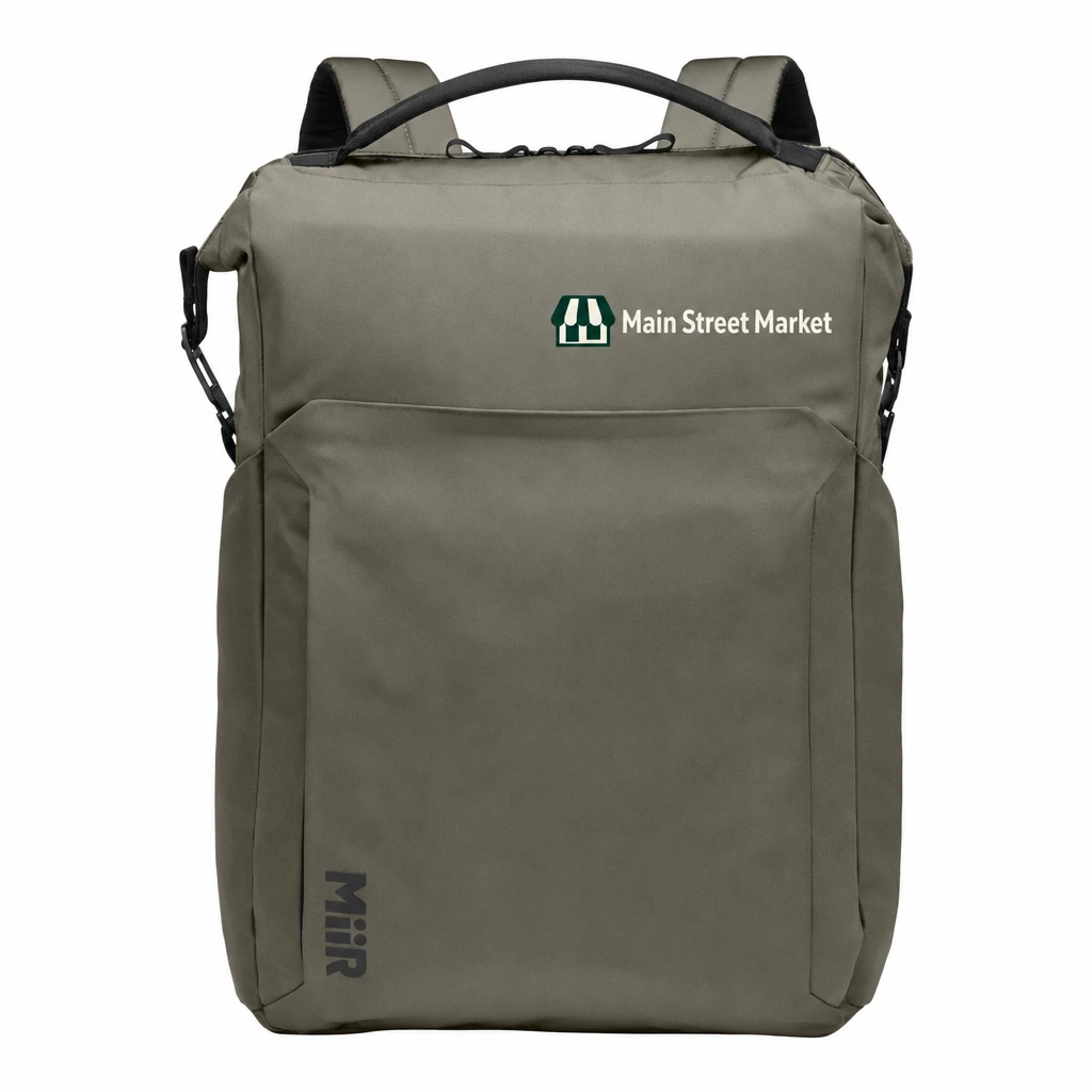 Custom MiiR Kori 24-Can Vertical Pack Cooler (MRB1101) in Truffle, flat-lay view with a custom printed logo.