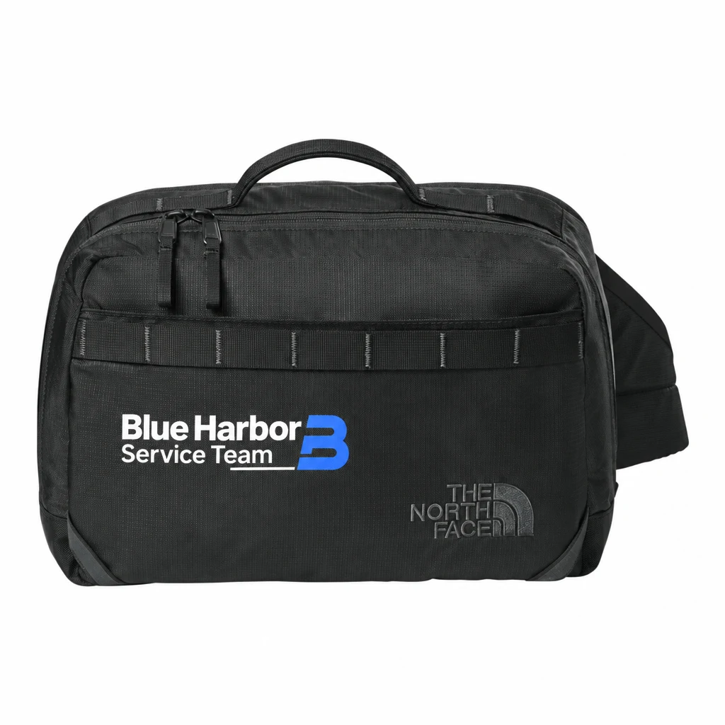 Custom The North Face 11L Travel Sling (NF0A8EZM) in TNF Black, flat-lay view with a custom printed logo.